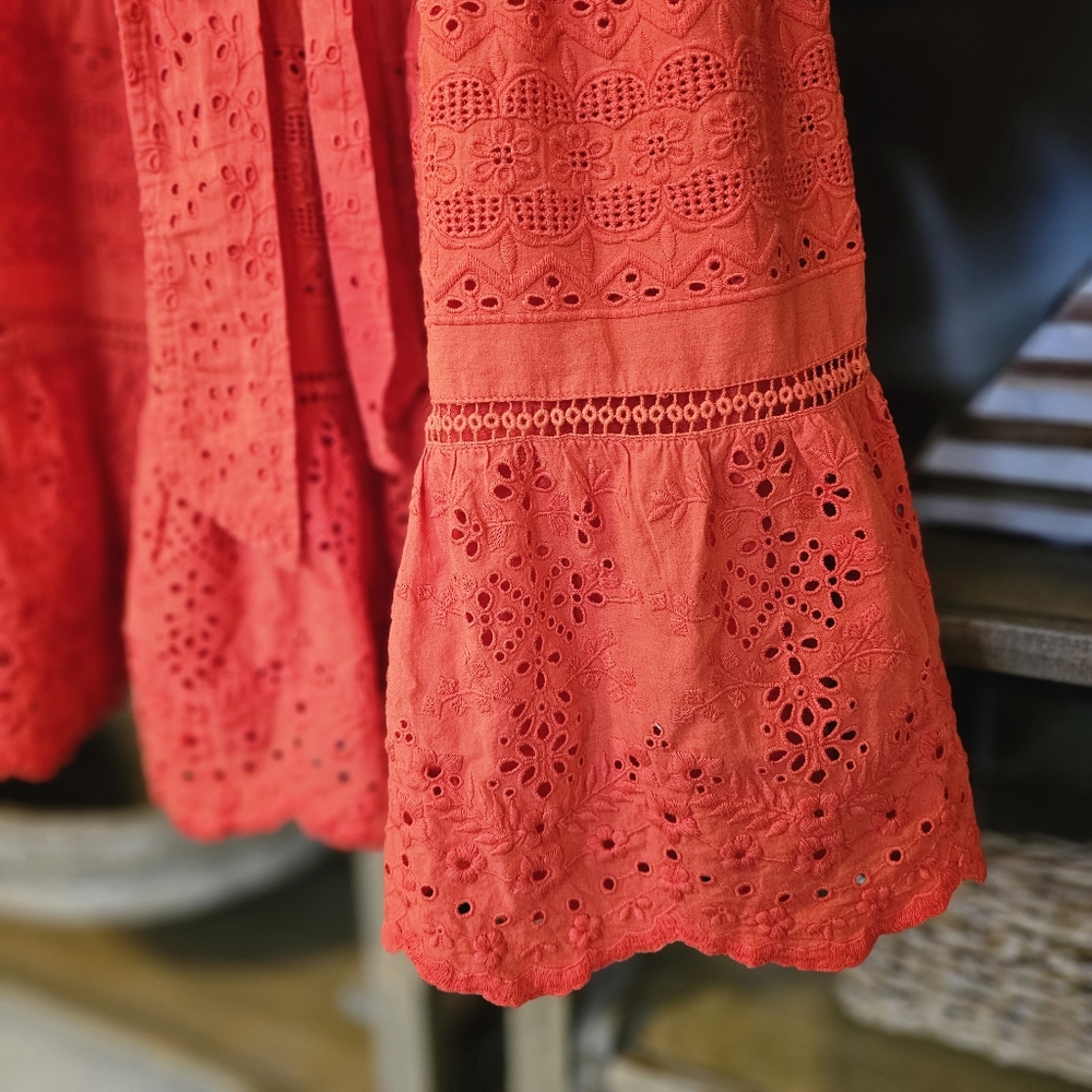 Lauren Ralph Lauren Red Eyelet Mini Dress Broderie Anglaise Belted Sz 10 - Picture 6 of 15